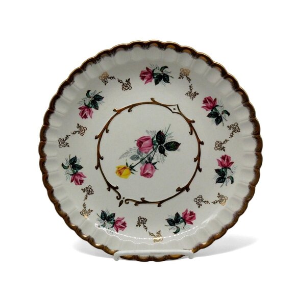 WOOD & SONS Alpine White Ironstone Plate Roses Gold Rim England Vintage 10" - Picture 1 of 11